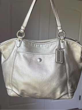 Coach Leah Metallic Gold Leather Shoulder Tote With Sky Blue Interior